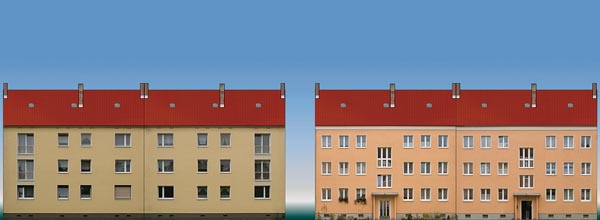 Low relief background buildings - Set with 4 multi-family house fronts (paper model)<br /><a href='images/pictures/Auhagen/41614.jpg' target='_blank'>Full size image</a>